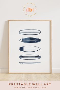 an art print with three surfboards hanging on the wall in front of a wooden frame