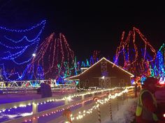 people are looking at christmas lights on the fenced in area that is covered with snow