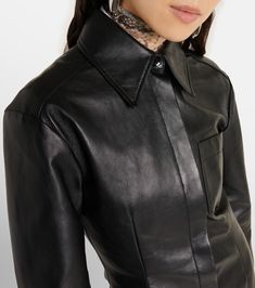 Elegant Formal Leather Jacket With Padded Collar, Designer Fitted Leather Jacket With Padded Collar, Luxury Leather Jacket With Padded Collar For Work, Designer Leather Jacket For Formal Occasions, Designer Formal Leather Jacket, Luxury Leather Jacket With Leather Lining, Luxury Leather Outerwear For Office, Designer Fitted Leather Jacket, Luxury Leather Office Outerwear