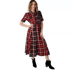 Nwt Desigual Rosada Tartan Plaid Patchwork Floral Embroidered Dress $179 Tartan Plaid Dress, Floral Embroidered Dress, Plaid Dress, Tartan Plaid, Embroidered Dress, Tartan, Size 2, Midi Dress, Plaid