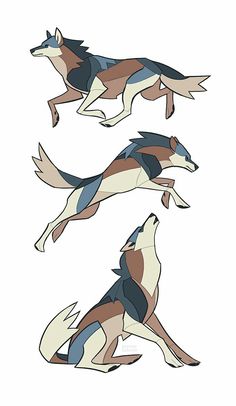 three different colored wolfs running in the air