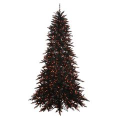 a black christmas tree with orange lights on it