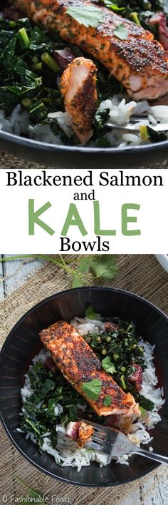 blackened salmon and kale bowls with white rice in a black bowl on a wooden table