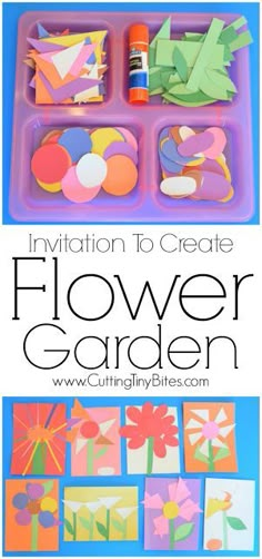 Invitation To Create: Flower Garden. Open ended creative spring paper craft for kids. Great for fine motor development. Perfect for toddlers and preschoolers. Invitation To Create, Paper Craft For Kids, Preschool Spring, Fine Motor Development, Garden Activities, Spring Preschool, Motor Development, Kindergarten Art, Spring Activities