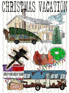 a christmas vacation poster with various vehicles