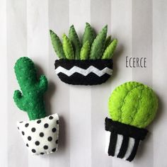 three felt plants are sitting in small pots