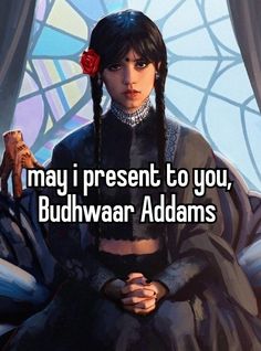 a woman sitting in front of a stained glass window with the words, may i present to you, budiwaar adams