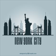 new york city skyline with the statue of liberty and bridge silhouetted against blue background