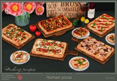 there are many different types of pizzas on the table with flowers in the background