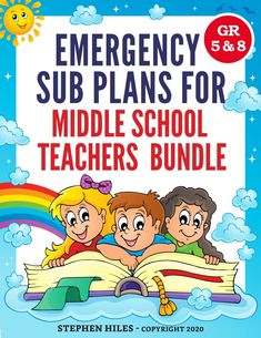 the emergency sub plans for middle school teachers bundle with an image of three children reading a book