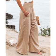 The Casual Wide Leg Cotton And Linen Slacks from Women's Comfy Pants are made from organic cotton and linen, and they are a classic wide leg style with pockets. They are easy to care for, just machine wash in cold water and air dry. They are perfect for all seasons and are available in many colors. You can easily pair them up with a crop top, t-shirt or any hoodie of your choice. Highlights: Pattern: Solid Fabric: Lightweight Materials: 95% Polyester, 5% Spandex Size: S-3XL SIZE WAIST HIP INSEAM Smocked Pants, Celana Fashion, Safari Chic, Cotton Linen Pants, Estilo Chic, Long Trousers, Wide Leg Linen Pants, Linnet, Pantalon Large