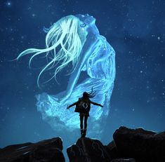 a person standing on top of a rock under a blue sky with stars and clouds