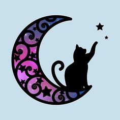 a black cat sitting on the moon with stars in it's back paws, silhouetted against a blue sky