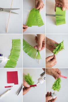 the steps to make a christmas tree out of tissue paper