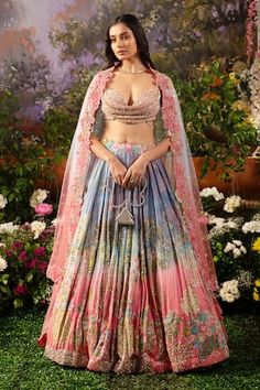 Ice blue and pink ombre, attached cancan lehenga adorned with hand-embroidered nalki crystals, sequins, and beads. Comes with padded cowl neck blouse embellished with sequins, beads, and nalki crystals attached rhinestone studded straps and a butterfly net dupatta with floral embroidery and cutwork detailing at borders. - Aza Fashions Lehenga Patterns, Engagement Mehndi, Cowl Neck Blouse, Sick Clothes, Function Dresses, Lehenga Pattern, Embroidery Crafts, Indian Outfits Lehenga, Dresses Traditional