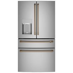 a stainless steel refrigerator with two gold handles