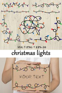 a person holding a cardboard box with christmas lights on it and the words svg png