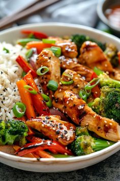 a white bowl filled with chicken, broccoli and carrots next to rice