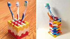 two pictures side by side, one with toothbrushes in it and the other made out of legos