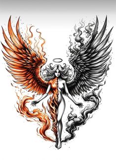 an angel with flames on it's wings is shown in this tattoo art design