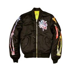 Hand Painted Black Bomber Water Resistant Reversible SHELL: Flight Nylon LINING: Nylon FILL: Polyester Fitted Black Nylon Outerwear, Bones, Flight, Mens Jackets, Bomber Jacket, Water Resistant, Candy, Hand Painted, Water