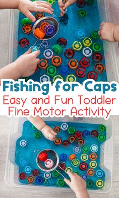 kids are playing with fishing for caps and fun toddler fine motor activity