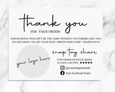 a thank card with the words, thank you for your order in black and white