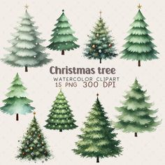 christmas tree watercolor clipart set with green trees and red lights on the top