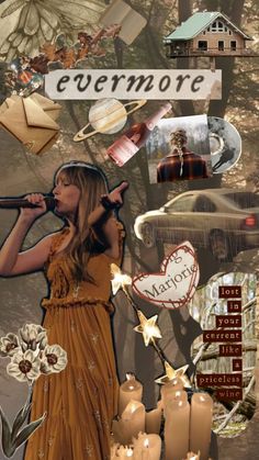 an altered photograph of a woman singing into a microphone and surrounded by flowers, candles, letters, and other items