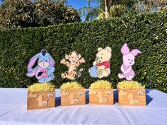 winnie the pooh and friends birthday party decorations on a table with straw bales