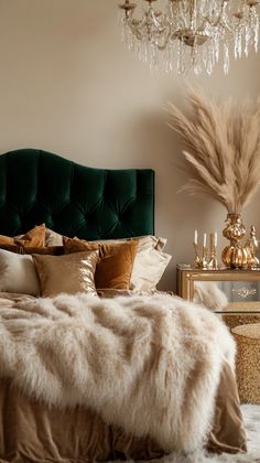 a green velvet headboard in a bedroom with chandelier and gold accessories on the bed