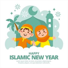 happy islamic new year card with two children