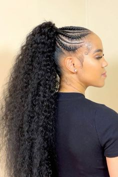 Stunning Crown Hairstyle Ideas for a Royal Look Cornrows With Extension Ponytail, Cornrows Braids Ponytail Black Women, Half Cornrows Half Ponytail, Cornrows And Curly Weave, Half Braided Ponytail For Black Women, Ponytail Hairstyles With Cornrows, Stitch Braids Curly Ponytail, Stitch Braid Low Ponytail, Cute Ponytails Hairstyles For Black Women