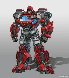 a red and gray robot standing in front of a grey background