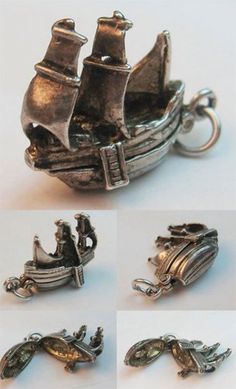 Vintage sterling silver English ship charm opens to cargo — sold for 82 usd Rose Water Opal, Water Opal, Sparkling Rose, Tall Ship, Vintage Fine Jewelry, Box Ring, Charms Bracelet