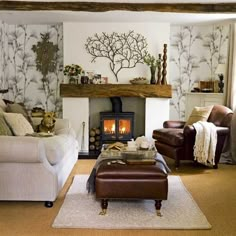 a living room filled with furniture and a fire place