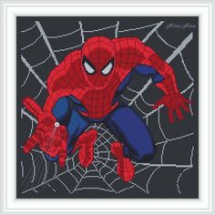 a spiderman cross stitched on the side of a black background with a white frame