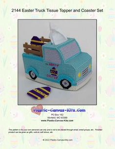 a blue truck with tissue paper on top and another item next to it that says, easter truck tissue topper and coaster set