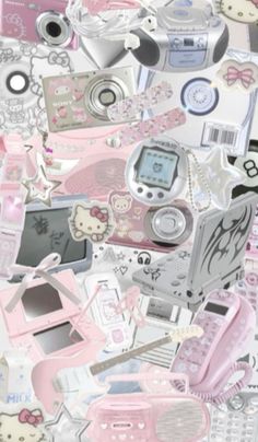 many different types of items are arranged in the shape of a wallpaper with hello kitty on it