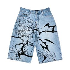 a blue jean shorts with an image of a dragon on it