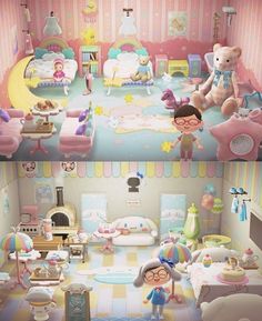 there are two pictures of a child's bedroom with teddy bears in the room