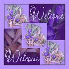 the welcome sign has purple flowers in it