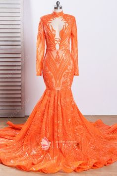 Fitted Orange Gown For Prom, Fitted Orange Evening Dress For Prom, Orange Mermaid Prom Dress, Sequin Mermaid Prom Dress, Prom Dress Pattern, Different Types Of Dresses, Custom Made Prom Dress, Prom Dress With Train, Sparkly Prom Dresses