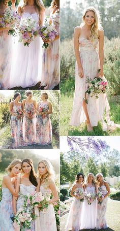 the bridesmaids are posing for pictures in their wedding gowns and bouquets