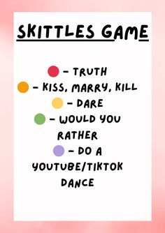 a poster with the words skittles game written in black on white paper and colored dots