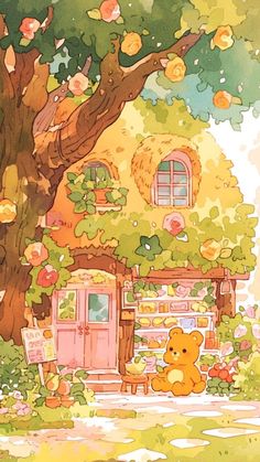 a painting of a house with a teddy bear sitting in the front yard under a tree