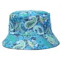 New Bucket Hat Paisley Aqua New Bucket Hat Reverses To Black. Blue Bucket Hat For Spring Outdoor, Blue Bucket Hat For Spring Outdoor Activities, Blue Bucket Hat For Outdoor Spring Activities, Casual Blue Bucket Hat One Size, Blue Reversible Bucket Hat, Blue Reversible Bucket Hat For Beach, Reversible Blue Bucket Hat For Beach, Blue Flat Brim Sun Hat For Outdoor, Blue Reversible Brimmed Hat