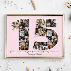 a pink and gold birthday card with the number fifteen surrounded by confetti