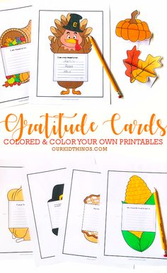 thanksgiving themed printables for kids to color and cut out with the words, gratitude cards