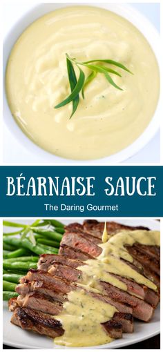 a plate with steak, green beans and mashed potatoes next to a bowl of cream sauce